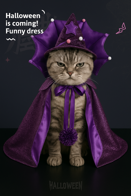 Déguisement Halloween Sorcier/Vampire pour Chat et Petit Chien – Cape + Chapeau Magique Violet