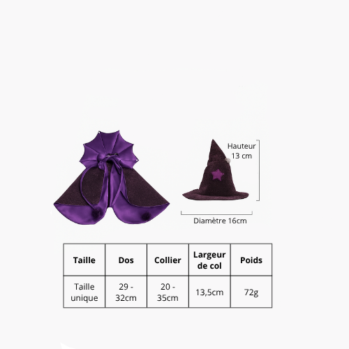 Déguisement Halloween Sorcier/Vampire pour Chat et Petit Chien – Cape + Chapeau Magique Violet