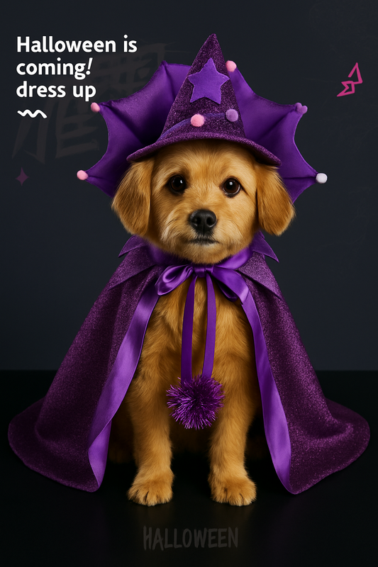 Déguisement Halloween Sorcier/Vampire pour Chat et Petit Chien – Cape + Chapeau Magique Violet