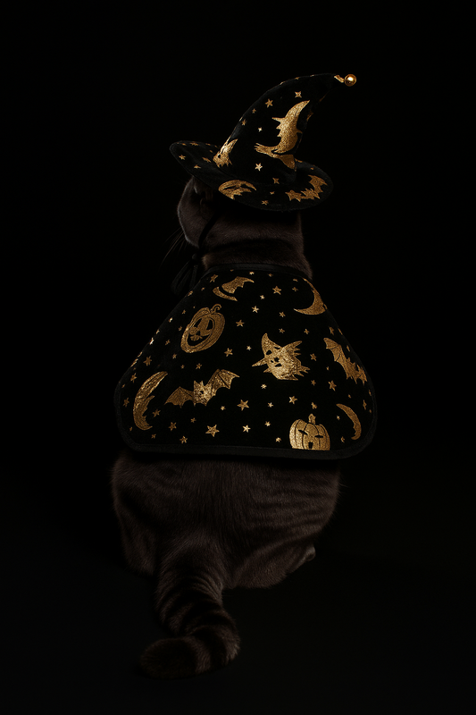 Costume Halloween pour chat – Ensemble Sorcier Doré